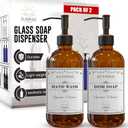 2 Pack Amber Glass Soap Dispenser 16 OZ with Oil Rubbed Bronze Stainless Steel Pump, Hand and Dish Soap Dispenser Set for Bathroom and Kitchen Sink with 6 Waterproof Labels