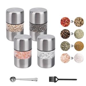 WRENYZK 4pcs Mini Salt and Pepper Grinder Set, Portable Travel Salt and Pepper Sets with Scoop of Bag Clip and Cleaning Brush, Refillable Spice Mill Stainless Steel Grinder for Home Kitchen BBQ