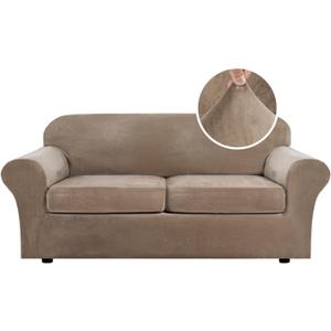 H.VERSAILTEX Real Velvet Plush 3 Piece Stretch Sofa Covers Couch Covers for 2 Cushion Couch Sofa Slipcovers Width Up to 90 Inch Feature Thick Soft Stay in Place (Large Sofa, Camel)