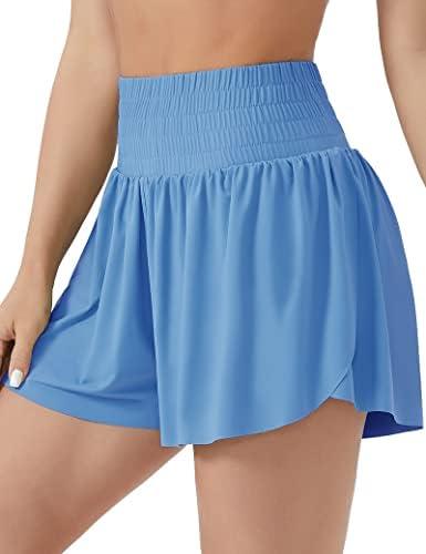 THE GYM PEOPLE Women's High Waisted Flowy Running Shorts 2 in 1 Athletic Workout Skirt Shorts, Size L