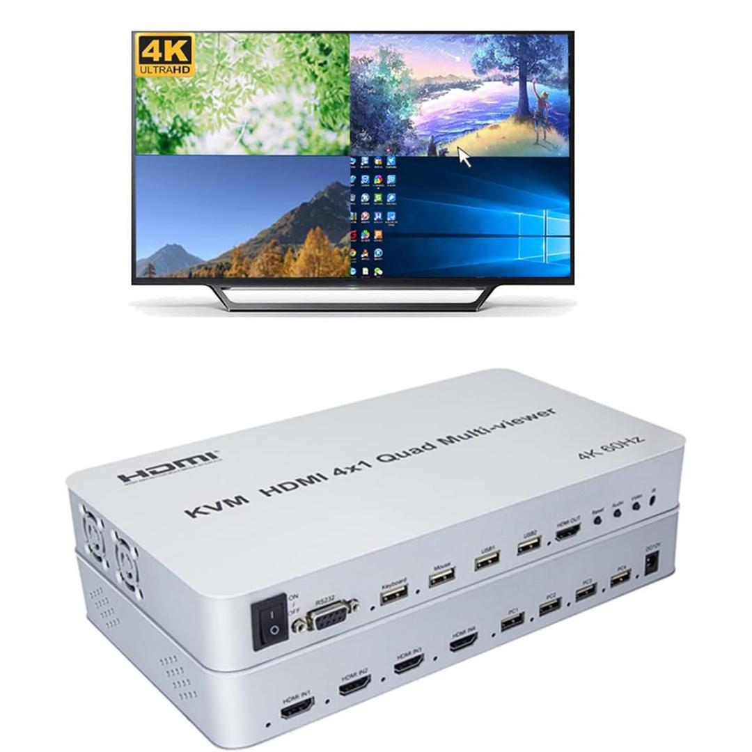 4K @ 60HZ 4 Ports KVM Switch HDMI Multi-Viewer Seamless Switch 4X1 HDMI Quad Screen Real Time Multiviewer Support Mouse Through Mode