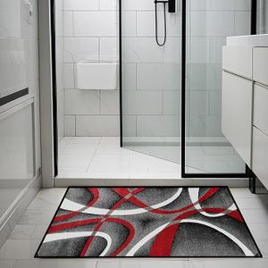 Geometric Strip Lines Area Rug 2x3 - Modern Abstract Accent Rug for Living Room Bedroom, Non-Slip Luxury Art Floor Mat Under Couch, Red/Black/White Contemporary Indoor Rug