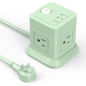 Cube Power Strip, FDTEK 4 Widely Spaced Outlet with 3 USB (1 USB C) Flat Plug Power Strips with Long Extension Cords Space Save Compact Portable for Travel Home Office Cruise (Green) (5FT)
