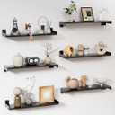 Floating Shelves for Wall, Shelves for Decor Storage Set of 6, Wall Mounted Wood Shelf for Bedroom, Living Room, Bathroom, Kitchen,Long Picture Ledge Shelves.(Black), 15.7 inches x 5.1 inches x 1.7 inches