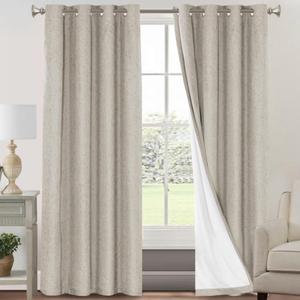 PrinceDeco Linen 100% Blackout Curtains for Bedroom/Living Room Reduce Noise Light Blocking Window Curtains Drapes for Boho Home Decor, Linen Look Fabric with White Liner (52 x 90 Inch,Cobblestone)