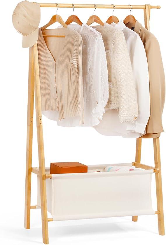 Relquorax Bamboo Clothes Rack with Storage Box, Portable Extra Large Garment Rack Clothing Rack, Foldable Wardrobe For Entryway and Bed Room (M)