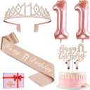 11th Birthday Decorations for Girls, Including 11th Birthday Sashand Tiara,11 Candlesand Cake Toppers, Rose Gold 11 Balloons and 3D Birthday Card, 11th Birthday Giftsfor Girls 11 Year Old Birthday Party