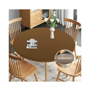 Obstal Fitted Round Table Cloth, Reversible Waterproof Stain Resistant Elastic Stretch Tablecloth, Wipe Clean Table Cover for Outdoor/Indoor Use, Fits Round Tables up to 30" - 36" Diameter, Coffee