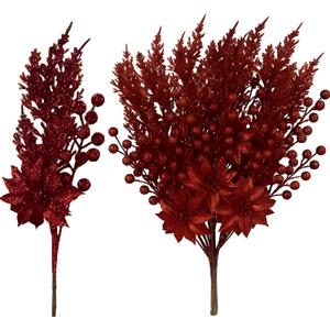 12 Pcs Glitter Christmas Picks Decoration Artificial Berry Branches Pine Needles Spray and Poinsettia Flowers Christmas Tree Ornaments for Xmas Decor Wreaths Wreath Vase Fillers(Burgundy)