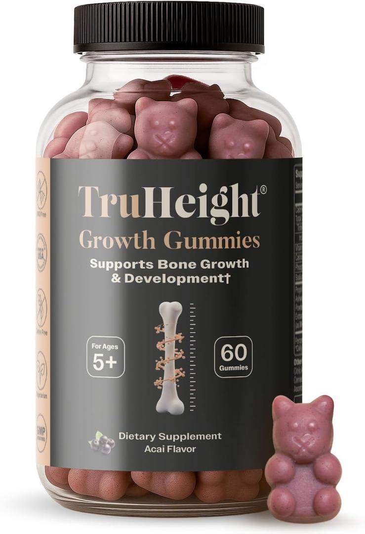 TruHeight Growth Gummies (Acai) Tall Nutrition for Natural Growth Supplement for Kids & Teens - Vitamin D, K, Calcium & Ashwagandha, Bone Strength Vitamins D3 K2, Picky Eater, Taller Ages 5+ BBD: 05/2028
