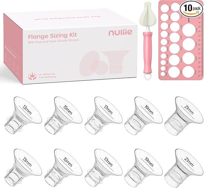 Nuliie 3-in-1 Flange Sizing Kit 13/15/17/19/21mm for 24mm Electric Double Breast Pump Flange/Shield, 10PCS Silicone Flange Inserts to Boost Pumping Efficiency & Comfort, BPA-Free Essential for Moms