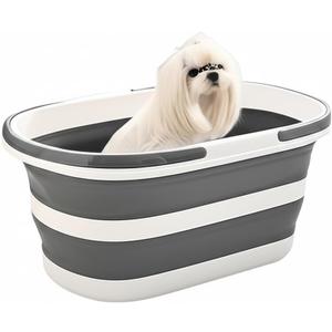 Gorocking Collapsible Pet Bath Tub with Drain Plug, 23.6" L x 15.7" W Foldable Dog Cat Bathtub with Water Temperature Sticker, Portable Grooming Wash Basin Folds Flat to 2.8", Space Saving