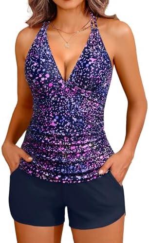 Women's Tankini Swimsuit with Shorts - Halter Two Piece Swimsuit 2025 Tummy Control Bathing Suit with Pockets.XL