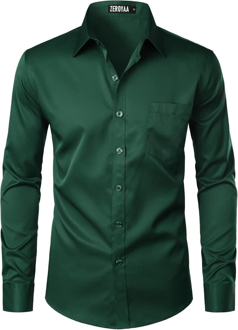 ZEROYAA Men's Urban Stylish Casual Business Slim Fit Long Sleeve Button Up Dress Shirt with Pocket (XX-Large, Dark Green)