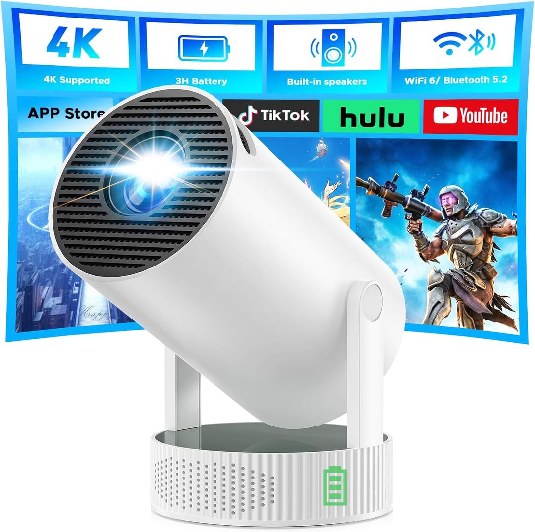 Mini Projector, Projector with Wifi and Bluetooth Built-in Battery 4K Portable Projector for Outdoor Bedroom, Smart Projectors 1080P Compatible with iphone/TV Stick/HDMI/Laptop (pure white)