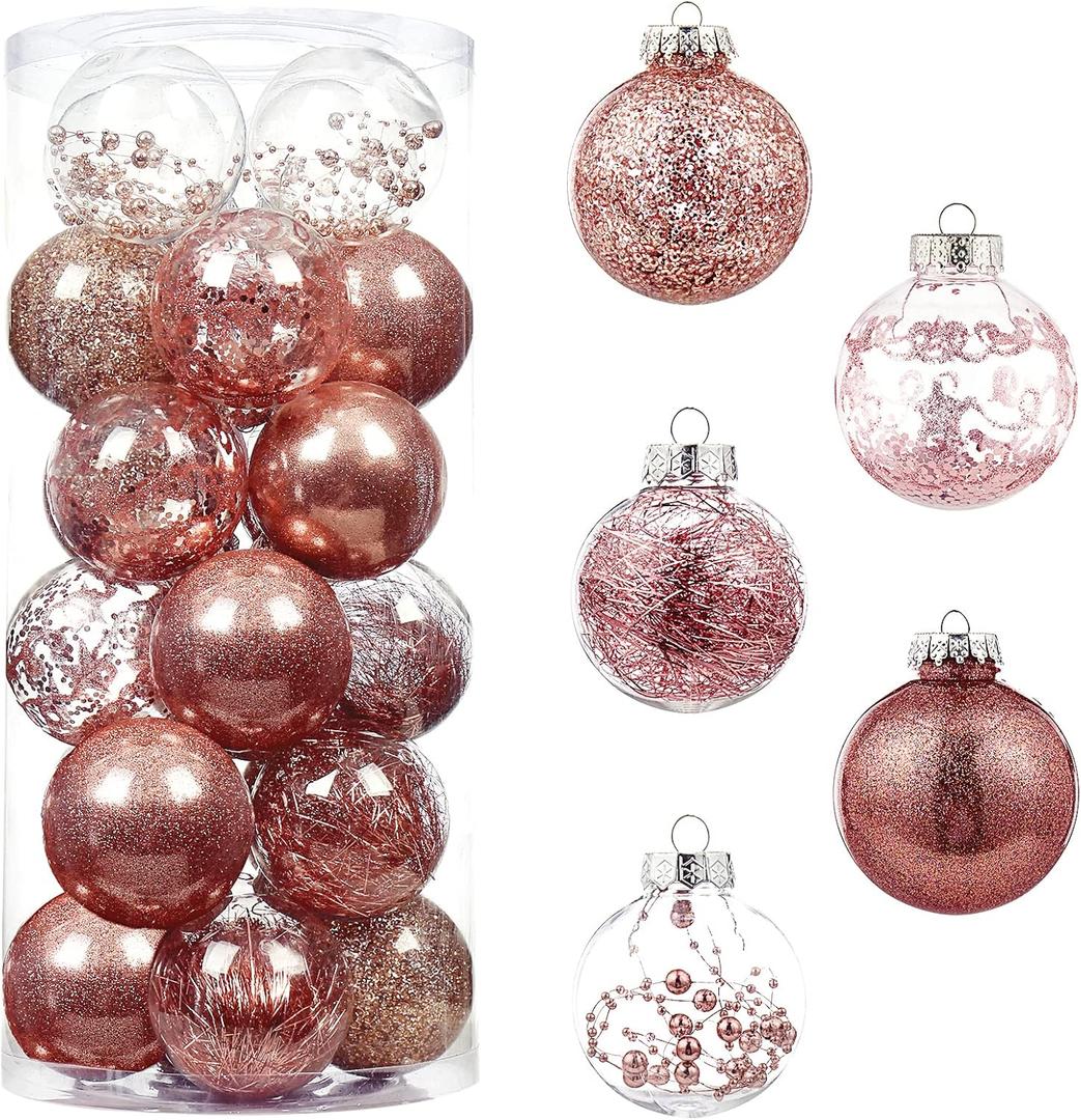 80mm/3.14 Christmas Ball Ornaments Shatterproof Clear Plastic Christmas Tree Decoration Xmas Balls Baubles Set with Stuffed Delicate Decoractions (Rose Gold 24 Counts)