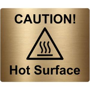Caution Hot Surface Sign, Adhesive, Sticker, Notice - engraved with Universal Icon Symbol and Text (Size 12cm x 10cm) (Gold)