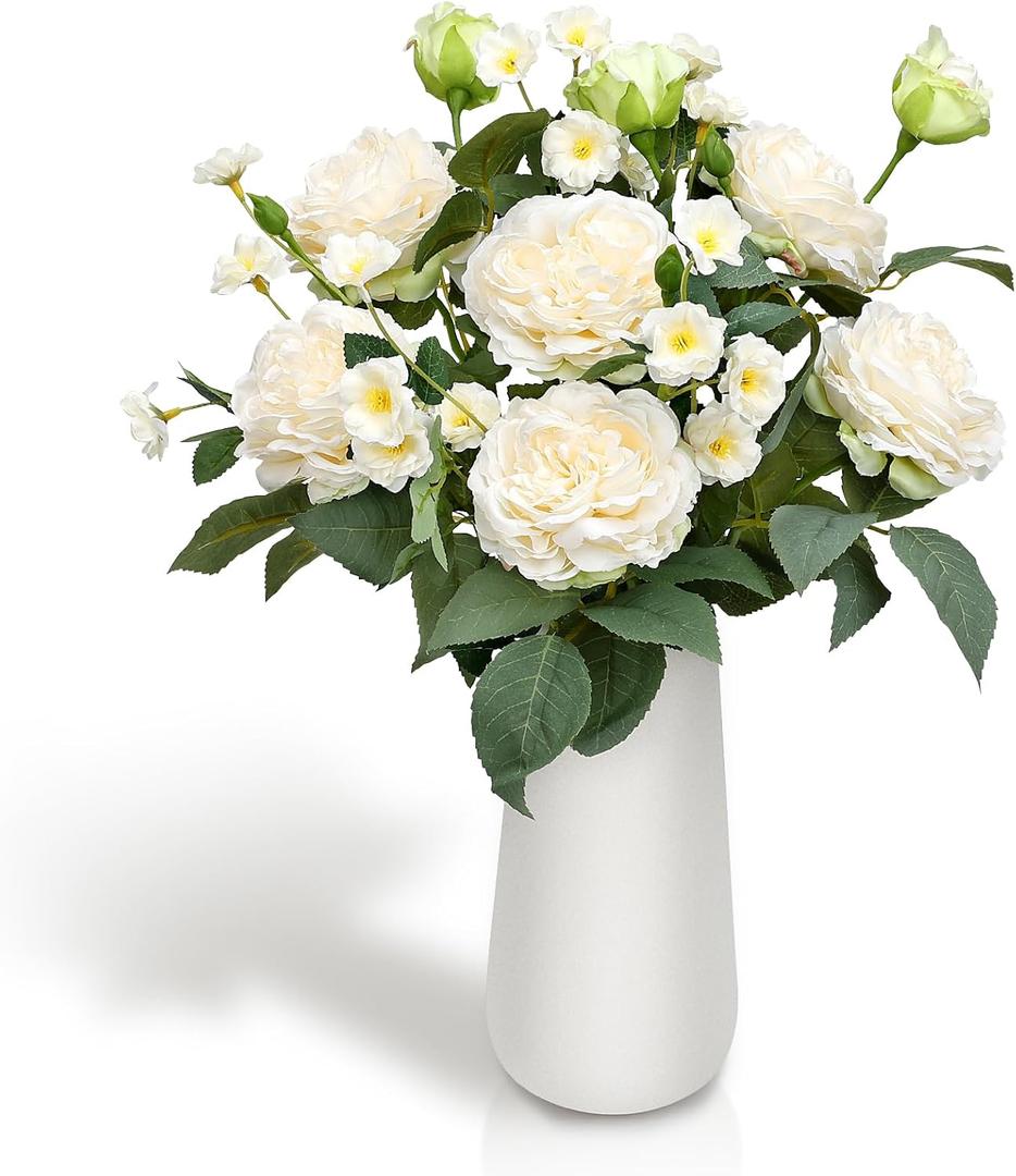 Artificial Flowers in Vase, Fake Roses Peonies Flower Bouquet with Ceramic Vase Floral Arrangements for Dining Table Centerpieces Living Room Indoor Decor - Ivory White