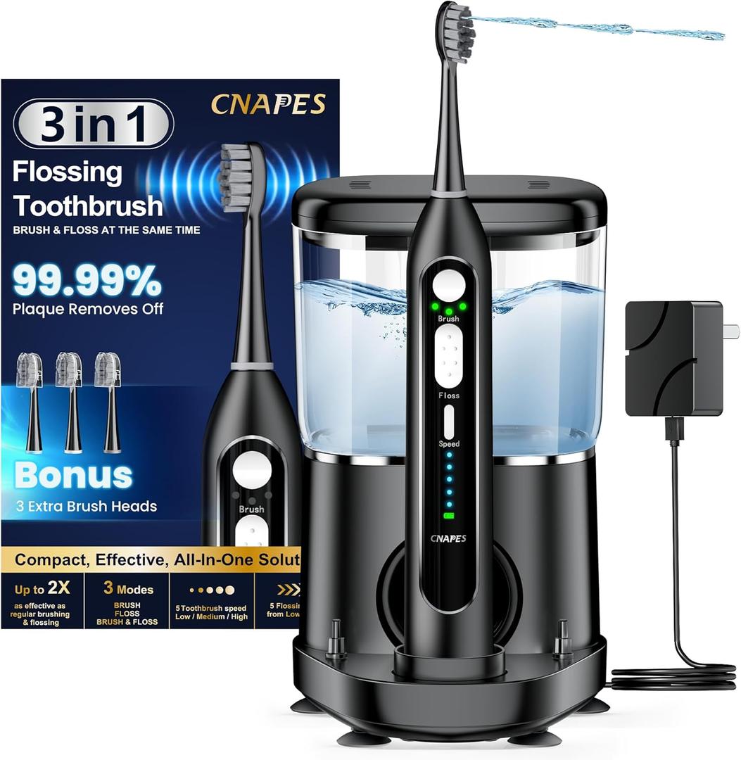 Electric Toothbrush with Water Flosser 3-in-1 Combo, Professional Sonic Toothbrush for Adults, 3 Brush Modes+5 Floss Speeds, Rechargable, 2.0 Flossing Toothbrush for Oral Care, Portable Travel Case (Black)