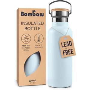 Bambaw 16 oz Stainless Steel Water Bottle, Insulated Water Bottle with Handle, Portable & Easy to Carry, Keeps Drinks Cold for 24h Cold & Hot for 12h, Durable, Lightweight & Reusable (Ice Blue)