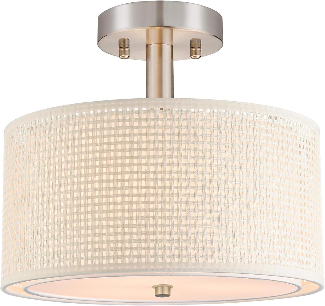3-Light Semi Flush Mount Ceiling Light Fixture,Drum Light with Double White Fabric Shade,White Linen Fabric 12 inch Close to Ceiling Lamps for Dining Room Kitchen Brushed Nickel for Hallway