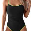 Eomenie Women's One Piece Swimsuit Tummy Control Slimming Bathing Suit Color Block Spaghetti Strap 1 Piece Swim Suit Swimwear, Black and Green, Small