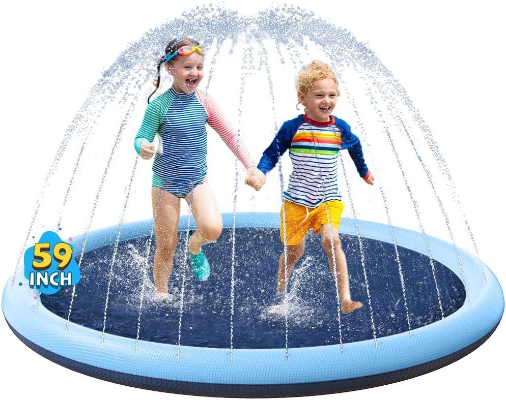 VISTOP Non-Slip Splash Pad for Kids and Dog, Thicken Sprinkler Pool Summer Outdoor Water Toys - Fun Backyard Fountain Play Mat for Baby Girls Boys Children or Pet Dog (59 inch, Blue&Blue)