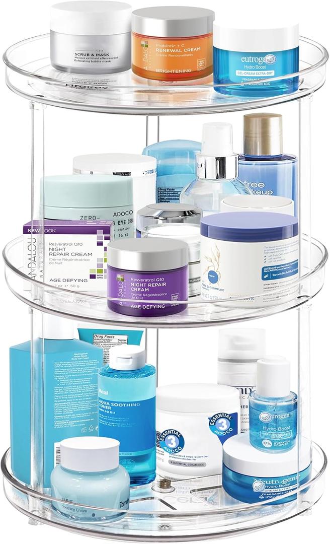 3 Tier Lazy Susan Bathroom Organizer - 9.25 Inch Clear Makeup Organizer with Skincare and Perfume Storage for Countertop