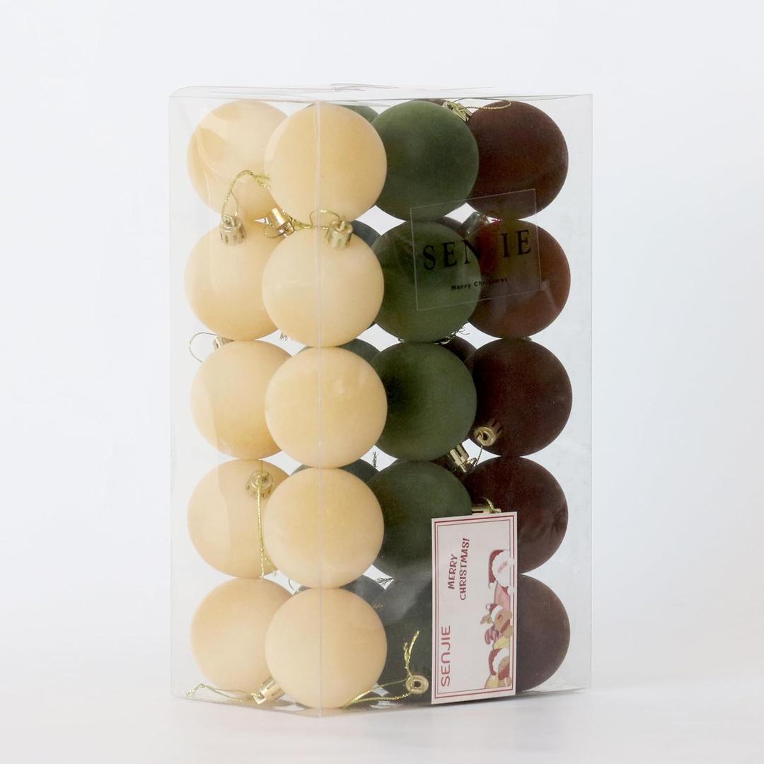 Senjie 30pcs Velvet Christmas Balls Flocked Christmas Tree 2.36inch Ornaments Multicolor Plastic Balls Xmas Hanging Ornaments Decoration(Brown,Green and Khaki Each 6pcs)