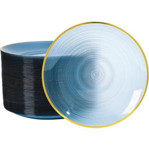 100PCS Transparent Blue Gold Plastic Plates, 10 Inch Heavy Duty Disposable Dinner Plates with Gold Rim, Round Party Plates for Wedding, Party, Camping, Picnic, Birthday