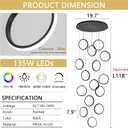 15 Rings High Ceiling Chandelier Modern Dimmable LED Pendant Light Luxury Staircase Chandeliers with Remote for Living Room Foyer Entrance Black