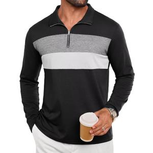 Mens Quarter Zip Polo Shirt Long Sleeve Color Block T Shirts for Men Lightweight Casual Striped Golf Polos (Black, M)