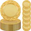 Zhehao 50 Pcs Antique Charger Plates Bulk 13 Inch Embossed Rim Plastic Decorative Round for Dinner Wedding Party Event Table Setting Decoration (Gold)
