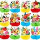 12 Pieces Tropical Luau Honeycomb Table Centerpieces, Colorful Hibiscus Flowers, Parrot with Multicolor Bases, Hawaiian Themed Decorations for Summer BBQ, Pool and Beach Aloha Birthday Decorations