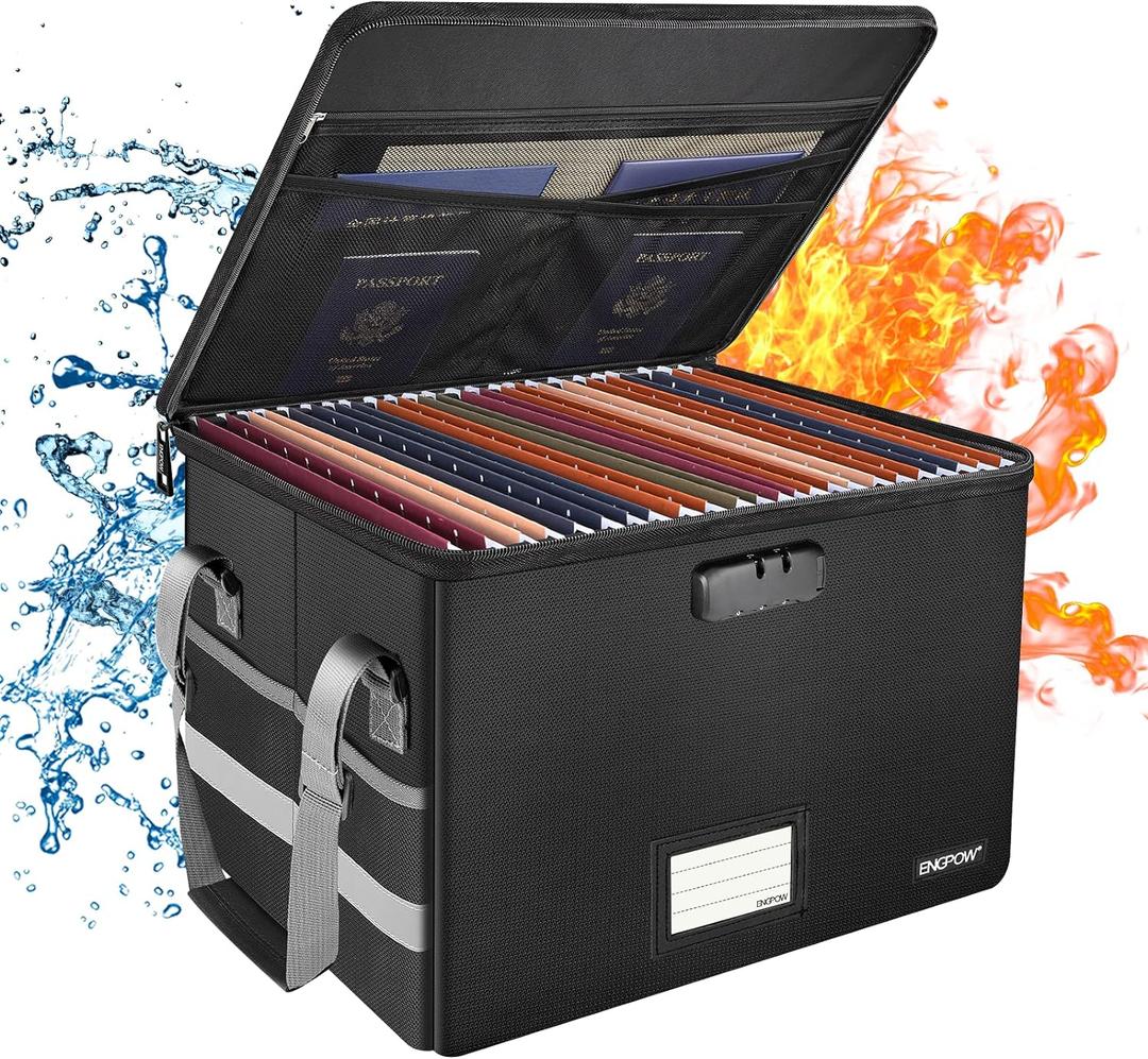 ENGPOW File Box with Lock,Fireproof Document Box with ZipperPockets,Collapsible File Organizer Filing Storage Cabinet with Handle,Portable Home Office Safe for Hanging Letter/Legal Folder,Black