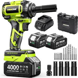 Cordless Impact Wrench, 590Ft-lbs (800N.m) Brushless 1/2 inch, 2800RPM High Torque Impact Gun, 2x 4.0Ah Battery, Charger, 4 Sockets, Electric Impact Wrench for Car Home