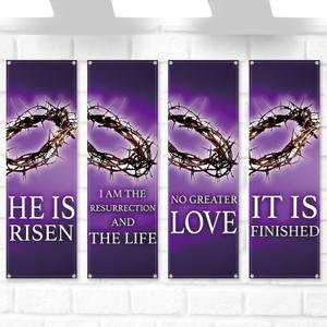 Hosuly 4 Pcs Easter Church Banners with Scripture Purple Easter Religious Banner for Sanctuary Wall Worship Bible Verse Crown of Thorns Religious Praise Hanging Signs for Church Event Decor