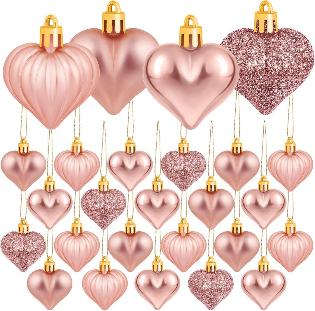 Elcoho 48 Pieces Valentine's Day Heart Shaped Baubles Hanging Heart Ornaments Valentines Tree Decorations for Valentines Day Ornaments Party Wedding Anniversary Decor, Rose Gold