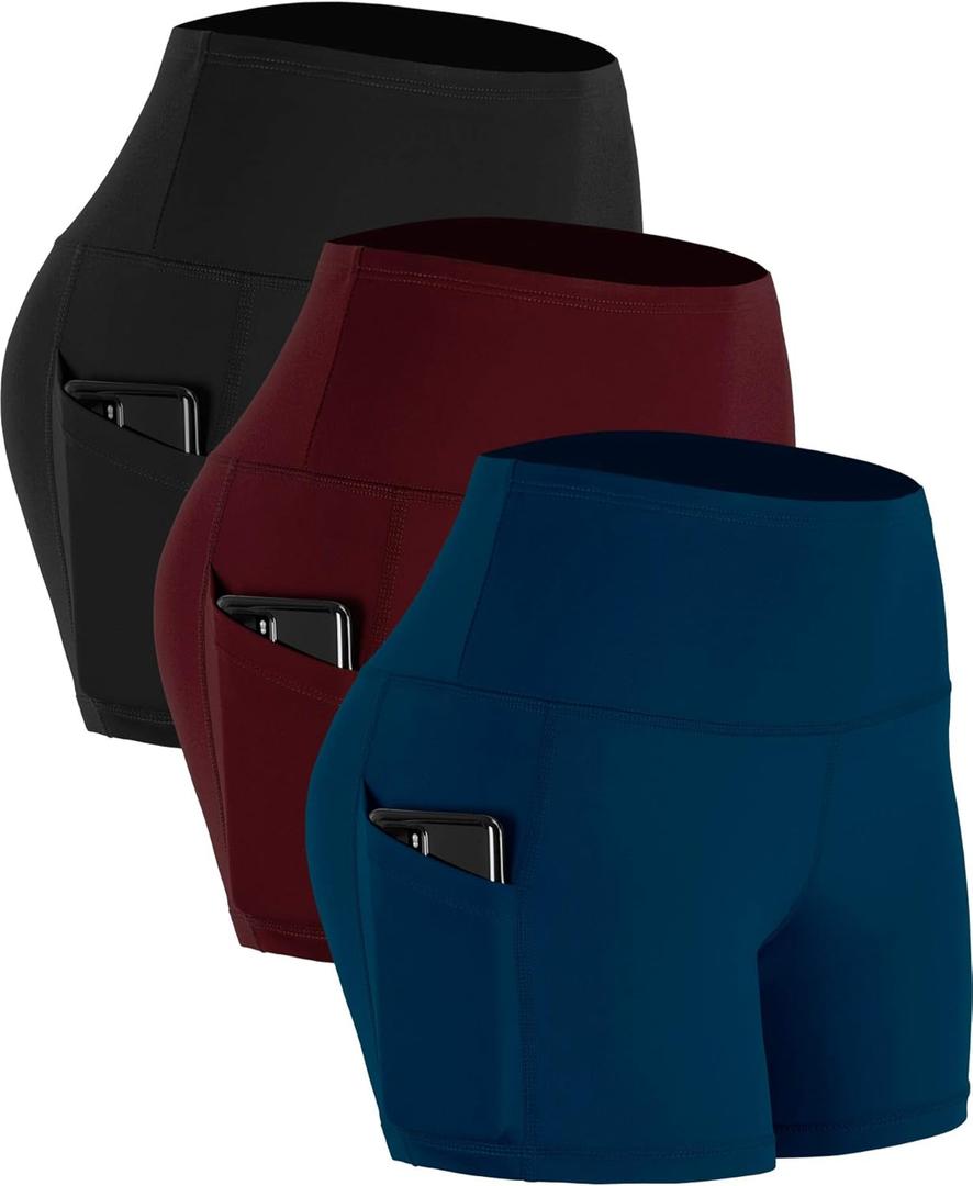 CADMUS High Waist Athletic Shorts for Womens Yoga Fitness Running Shorts with Deep Pockets (Medium, Pack of 3:16# Burgundy & Navy & Black)