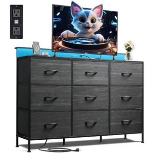 WLIVE Black TV Stand for 45, 50, 55 inch TV, Entertainment Center with LED Lights & Charging Station, TV Media Console Table with 9 Fabric Drawers and Open Shelves for Living Room, Hallway, Wood Top