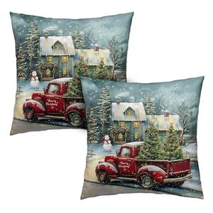 Kwlegh Red Truck Christmas Pillow Covers 18x18 Set of 2 Merry Christmas Pillow Case Xmas Tree Cabin Snowman Cushion Case for Winter Holiday Decorations Couch Bedroom