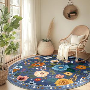 Floral 6ft Area Rug Machine Washable Boho Carpet Non Slip Doormat Low Pile Flower Area Rugs for Living Room Bedroom Kitchen Dining Room Hallway Entryway Indoor-Grey/Blue
