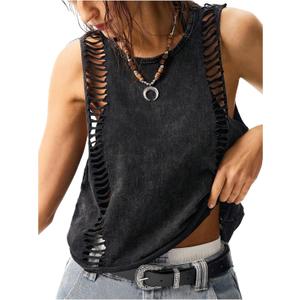 Women's Hollow Out Summer Sleeveless Tank Tops Washed Retro Rock Concert Outfits Tops Streetwear (Black)