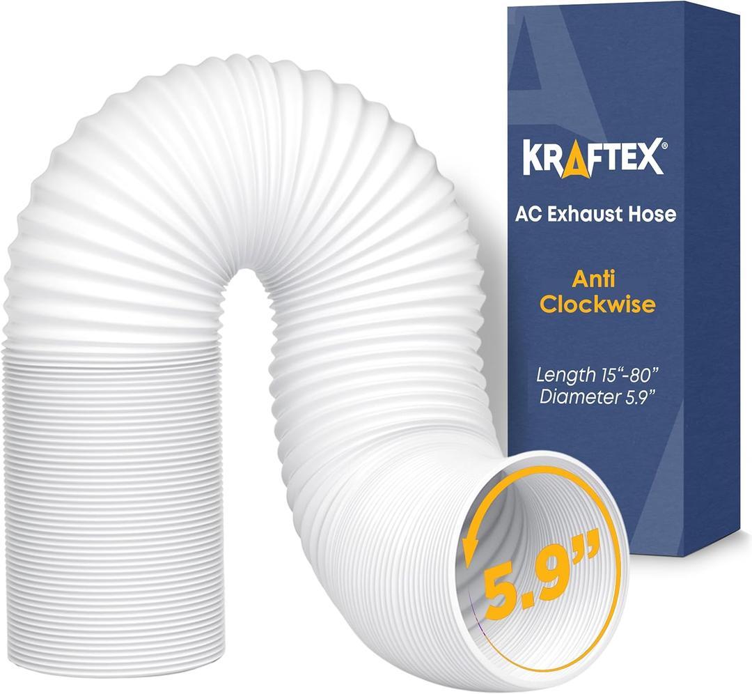 Air Conditioner Hose. Portable Exhaust Vent with 5.9" Diameter, Anti-Clockwise Thread & Length up to 80". Compatible with LG, Delonghi and Many More Portable Air Conditioners (White)