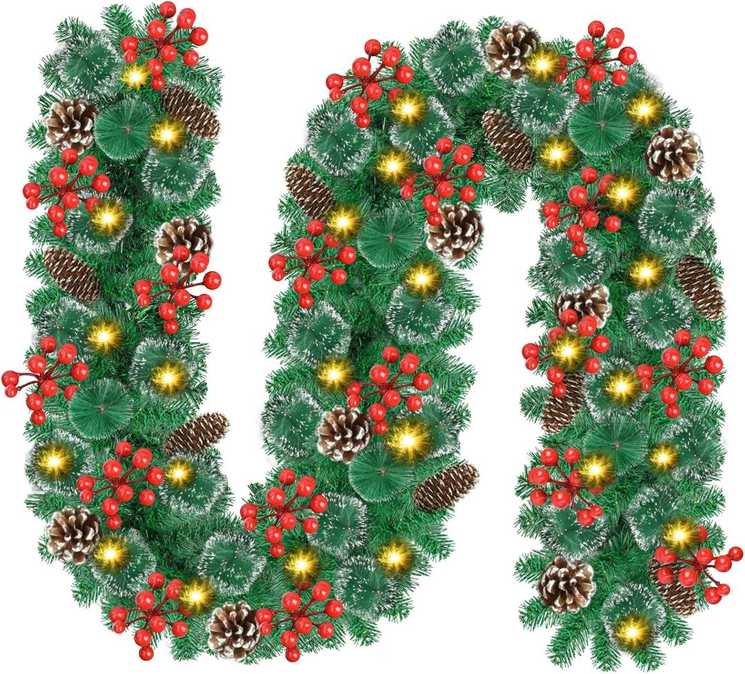 Christmas Garland with Lights, 9ft 30LED Battery Operated Garland Decorated with Pine Cones, Berry, Artificial Snowy Pine, Indoor & Outdoor Xmas Garland for Stairs Fireplace Door Fences
