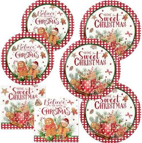 Christmas Gingerbread Plates and Napkins,Christmas Decorations Red Black Buffalo Plaid Ice Cream Sweet Christmas Gingerbread Man Tableware for Xmas Winter Holiday Party Supplies Decor