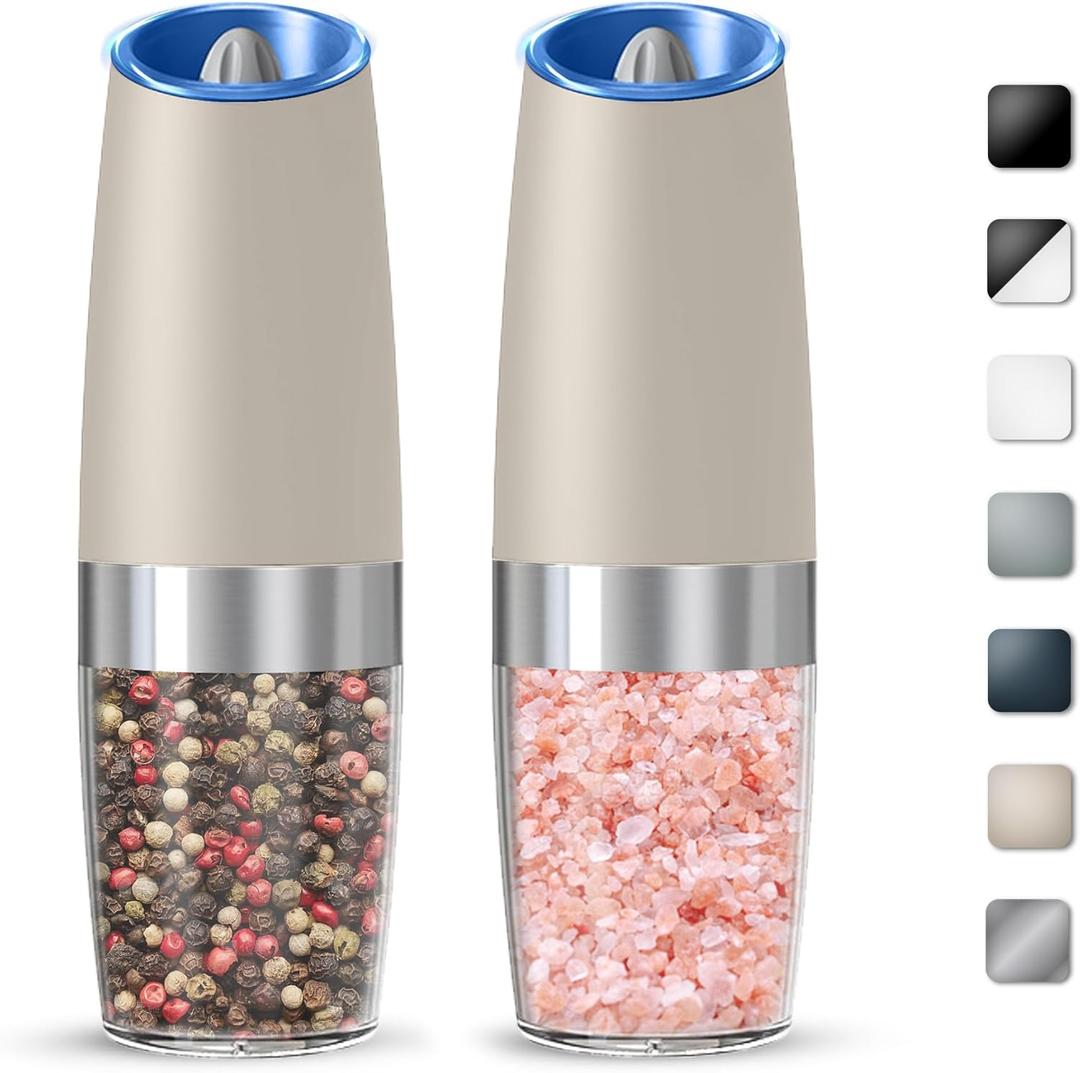 Gravity Electric Salt And Pepper Grinder Set, Automatic Salt And Pepper Grinder Set, Battery Powered (6 AAA Batteries Each), Adjustable Roughness, LED Light, 2 Pack, (Khaki)
