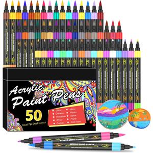 Amamao 100 Colors Acrylic Paint Markers Pens Set, 50 Pack Dual Tip Acrylic Paint Markers with Brush Tip and Fine Tip for Rock Painting Fabric Plastic Wood Canvas Stone Glass Paper DIY Craft Supplies