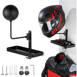 PUERSI Helmet Holder Wall Mount with Shlef, 180 Rotation Helmet Storage Rack for Motorcycle Bike Racing Outerwear Sports Gear Display Motorcycle Accessories