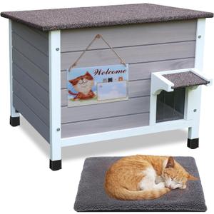 Rockever Outdoor Cat House Weatherproof, Insulated Cat Shelter with All-Round Foam Design for Feral Cats Small Pet Habitats, Air Ventilation Cat Hideaway for Indoor Outside (Modern, Grey-with mat)